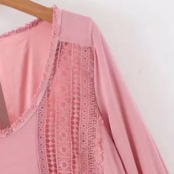 Pink Crochet Fringe Bell Sleeve Boho Gypsy Dress - Picture 8 of 11